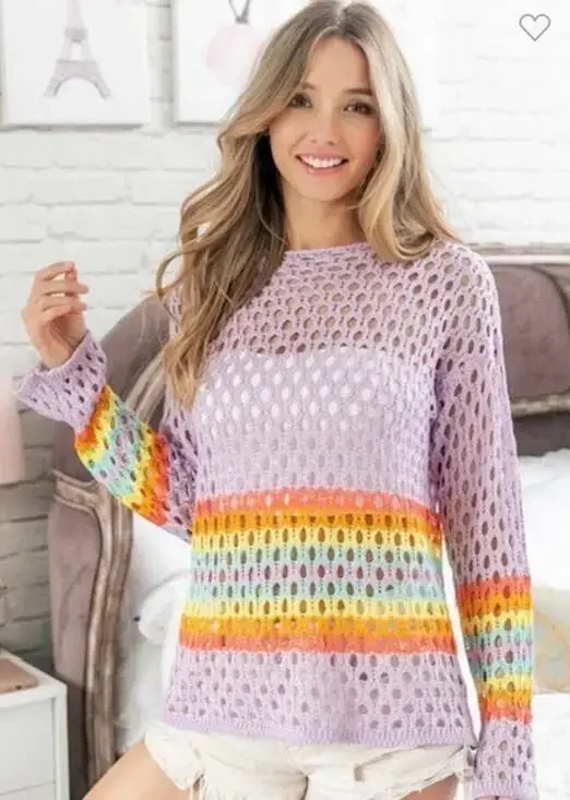 BiBi Purple Rainbow Striped Open Knit Crochet Sweater - Picture 5 of 7